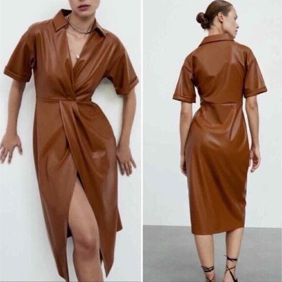 NWOT ZARA FAUX LEATHER SHIRT DRESS MIDI BROWN MEDIUM - Picture 13 of 13